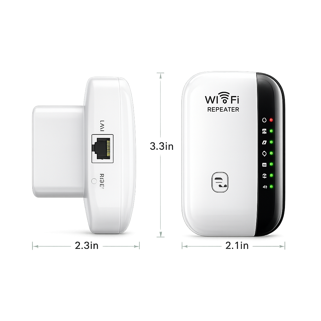 BoostZone WiFi range extender side view with dimensions